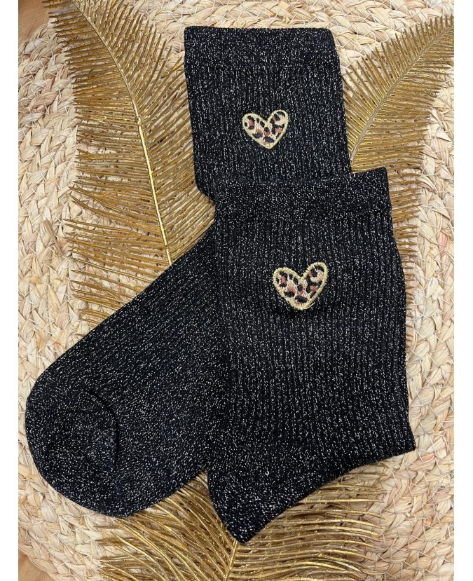 CHAUSSETTES PETITS COEURS LÉOPARD - NOIR