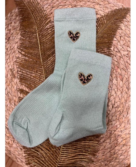 CHAUSSETTES PETITS COEURS LÉOPARD - VERT