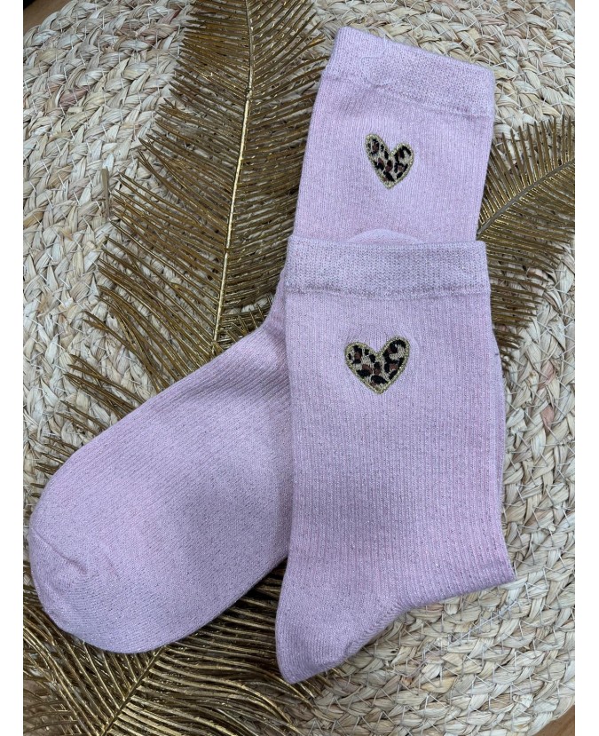 CHAUSSETTES PETITS COEURS LÉOPARD - ROSE