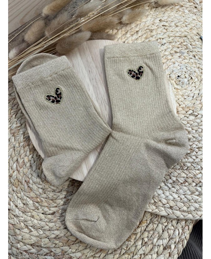 CHAUSSETTES PETITS COEURS LÉOPARD - BEIGE