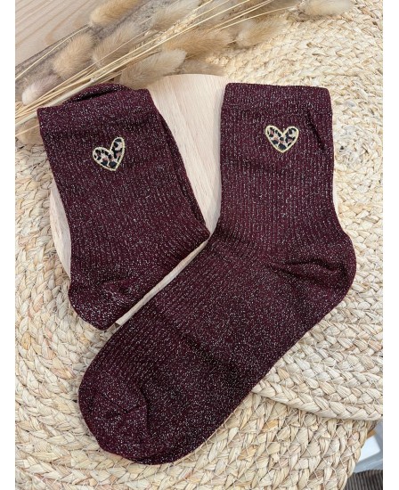 CHAUSSETTES PETITS COEURS LÉOPARD - BORDEAUX