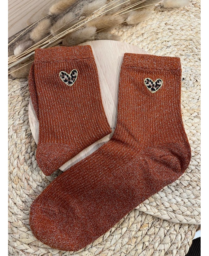 CHAUSSETTES PETITS COEURS LÉOPARD - ROUILLE