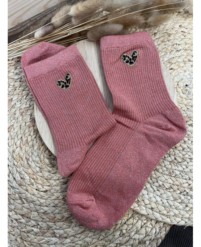 CHAUSSETTES PETITS COEURS LÉOPARD - ROSE
