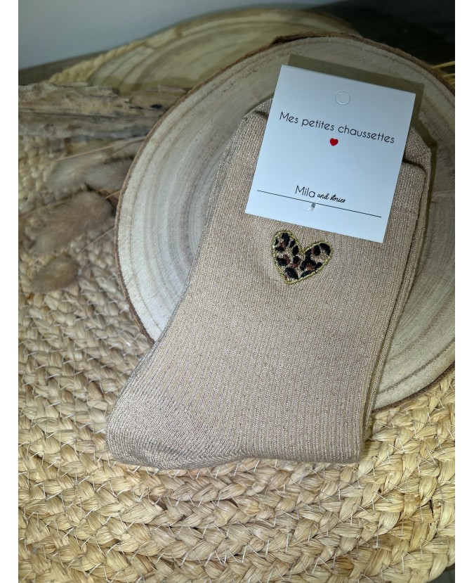 CHAUSSETTES PETITS COEURS LÉOPARD - BEIGE