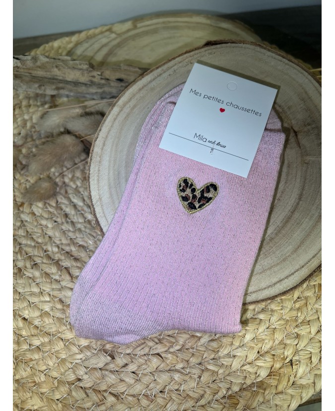 CHAUSSETTES PETITS COEURS LÉOPARD - POUDRE
