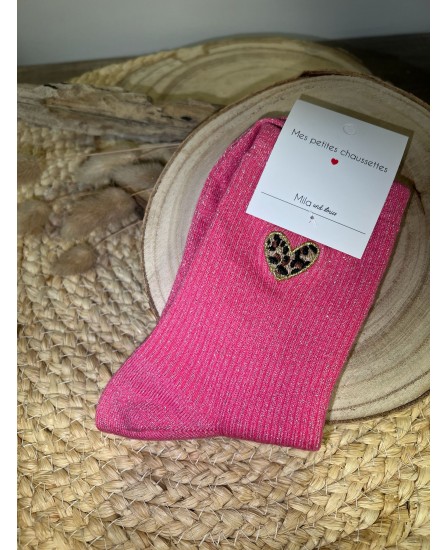 CHAUSSETTES PETITS COEURS LÉOPARD - FUSHIA