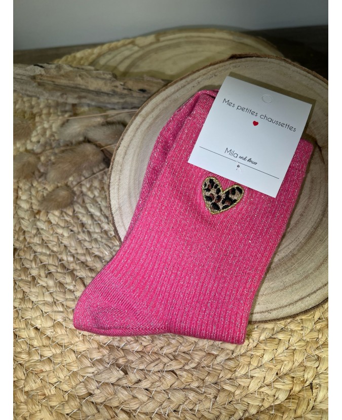 CHAUSSETTES PETITS COEURS LÉOPARD - FUSHIA