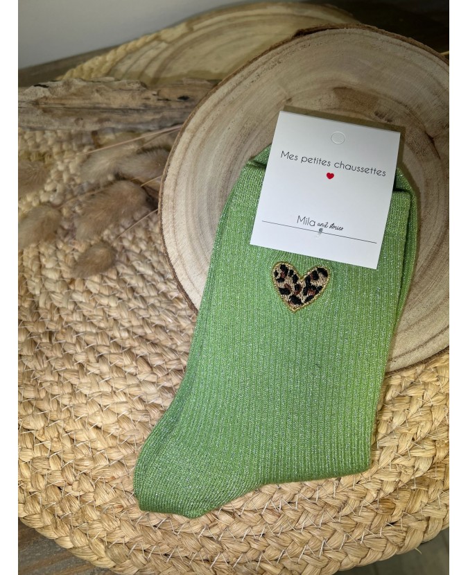 CHAUSSETTES PETITS COEURS LÉOPARD - VERT