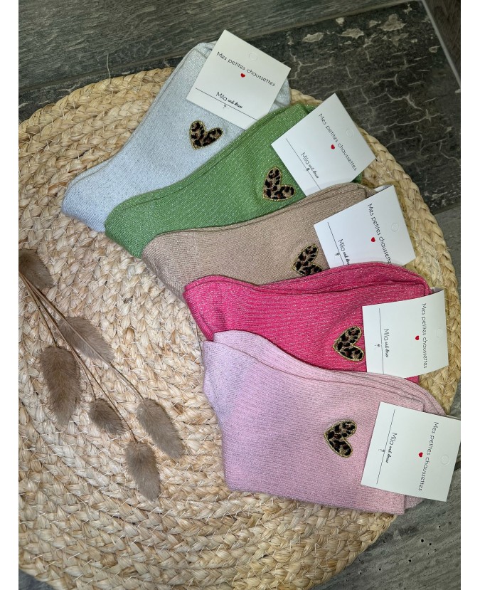 CHAUSSETTES PETITS COEURS LÉOPARD - GRIS