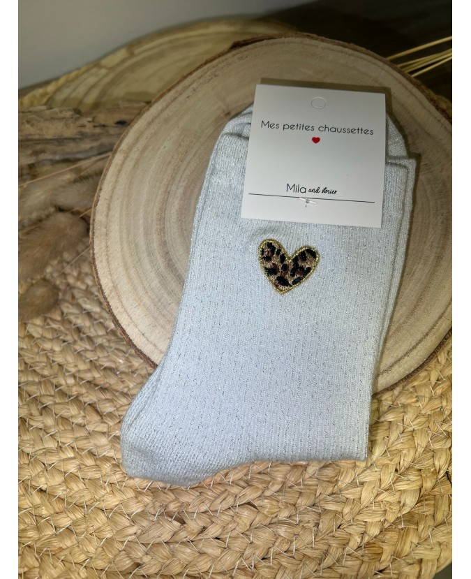 CHAUSSETTES PETITS COEURS LÉOPARD - GRIS